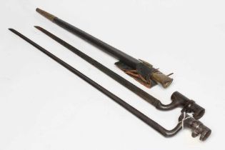 TWO ENFIELD TYPE SOCKET BAYONETS, 19th century, one with 17 1/4" blade and leather scabbard, the