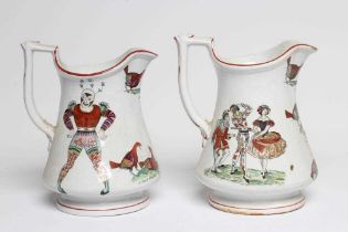 A PAIR OF VICTORIAN ELSMORE & FORSTER IRONSTONE PUZZLE JUGS of baluster form, printed and over