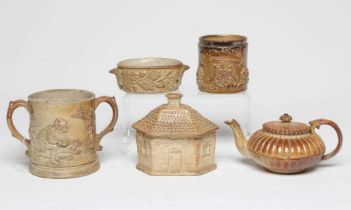 A COLLECTION OF DERBYSHIRE SALTGLAZE STONEWARE, 19th century, comprising a tobacco jar with the