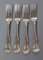 A SET OF FOUR VICTORIAN SILVER TABLE FORKS, maker George Aldwinkle, London 1856, in double struck