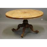 A VICTORIAN BURR WALNUT LOO TABLE, the moulded edged quarter veneered top with foliate marquetry