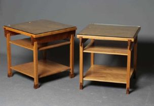 A PAIR OF BESPOKE OAK AND WALNUT OCCASIONAL TABLES, late 20th century, of square form, the moulded
