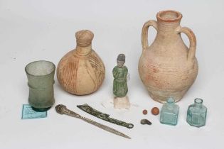 A COLLECTION OF ANTIQUITIES comprising of a Roman terracotta two handled baluster shaped vase,