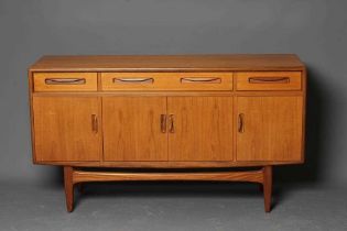 A G PLAN TEAK SIDEBOARD, the fascia with three drawers with inset wooden handles, the central