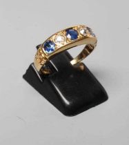 A LATE VICTORIAN SAPPHIRE AND DIAMOND RING, the three sapphires and two old brilliant cut diamonds