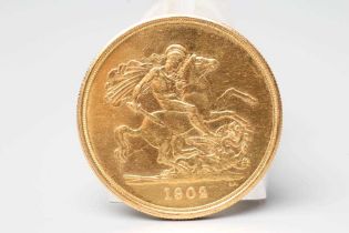 AN EDWARD VII GOLD £5, 1902, RE-STRIKE, 39.8g (Est. plus 20% premium) Condition Report: Some nicks