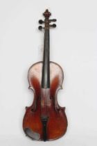 A SMALL VIOLIN with one piece back, notched sound holes, ebony turners with mother-of-pearl inlaid