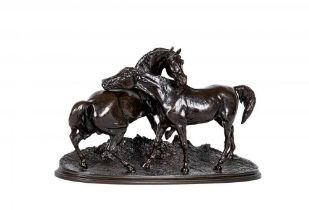 AFTER PIERRE JULES MENE (French 1818-1879) "L'Accolade", a bronze of an Arab mare and stallion on
