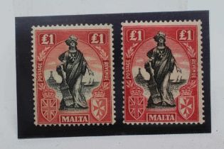 1922/25 MALTA £1 BLACK AND CARMINE AND ANOTHER £1 BLACK AND BRIGHT CARMINE, fine mint (Est. plus 24%