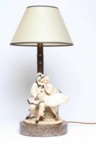 A GOLDSCHEIDER ART DECO ALABASTER, BRONZE AND MARBLE FIGURAL TABLE LAMP, the patinated bronze lamp