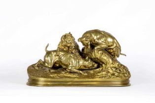 AFTER PIERRE JULES MENE (French 1818-1879) "Chasse au Lapin", gilded bronze, signed, on moulded