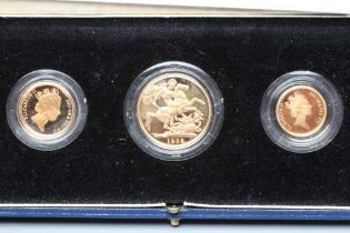 AN ELIZABETH II THREE COIN PROOF SET, 1988, comprising £2, sovereign and half sovereign, in capsules