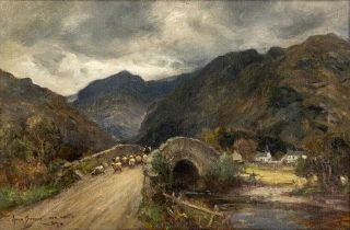 Y OWEN BOWEN (1873-1967) Sheep being driven over a bridge, St Johns in the Vale, Keswick, Cumbria,