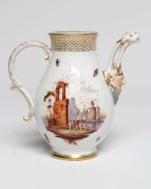 A KPM PORCELAIN SMALL COFFEE POT, early 19th century, of baluster form with double C scroll handle