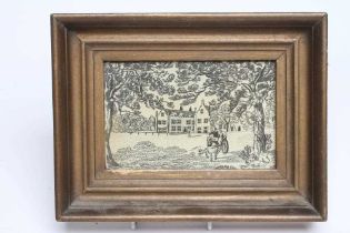 A REGENCY EMBROIDERED PICTURE worked in black thread on a silk ground with a horse and carriage
