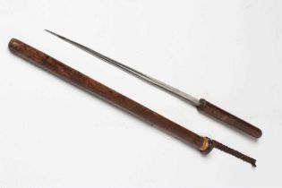 A VICTORIAN SWAGGER SWORD STICK, with 11 3/4" rectangular section blade, leather stick and partial