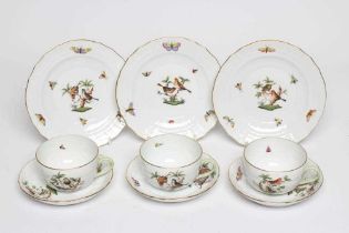 THREE HEREND PORCELAIN OZIER MOULDED TRIOS printed and over painted with the Rothschild Bird