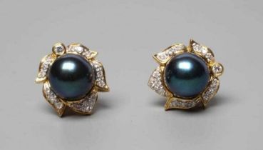 A PAIR OF BLACK CULTURED PEARL AND DIAMOND CLUSTER EAR STUDS set to plain posts and butterflies,