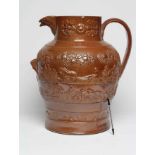 A LARGE SALTGLAZE STONEWARE HARVEST JUG, mid 19th century, of baluster form with hand support