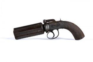 A LARGE PERCUSSION PEPPER BOX PISTOL by W. A. Beckwith, London, with 4 3/4" five barrel section,