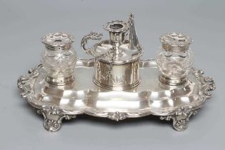 A WILLIAM IV SILVER DESK STANDISH, maker's mark JA*IA, London 1831, of lobed oblong form with cast