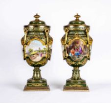 A PAIR OF SEVRES STYLE PORCELAIN GARNITURE VASES AND COVERS, mid 19th century, the ovoid bodies