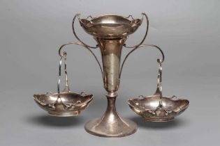 AN EDWARDIAN SILVER SMALL EPERGNE, maker Walker and Hall, Sheffield 1910, the central trumpet vase