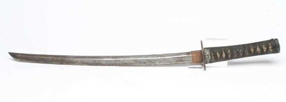 A JAPANESE WAKAZASHI with 17 1/2" curved and fullered blade, mildly undulating hamon, unsigned tang,