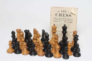 A JAQUES BOX AND EBONY STAUNTON PATTERN CHESS SET, white king stamped with maker's name, king's