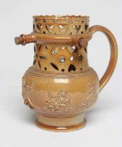 A CHESTERFIELD (BRAMPTON?) SALTGLAZE STONEWARE PUZZLE JUG, c.1820, with four spouts to the heart