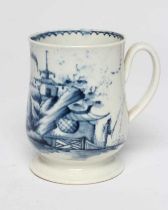 A JAMES PENNINGTON PORCELAIN SMALL MUG, 1763-71, painted in underglaze blue with a fisherman