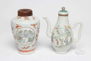 A CHINESE PORCELAIN SMALL COFFEE POT AND COVER of baluster form with ear shaped handle, the domed