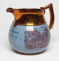 A DOCUMENTARY COPPER LUSTRE JUG, 1818, of baluster form, the central blue band inscribed 'Joseph