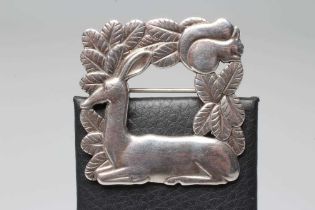 A GEORG JENSEN SILVER SQUARE BROOCH designed by Arno Malinowski with a recumbent deer and