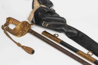 AN 1827 PATTERN NAVAL OFFICER'S SWORD, the 31 1/2" blade etched with oak leaves entwined in rope, ER