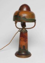 A FRENCH ART DECO ELECTRIC GLASS TABLE LAMP BASE AND SHADE, the mottled amber high domed mushroom