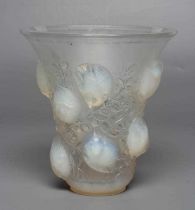 A LALIQUE BAGATELLE PATTERN VASE of flared cylindrical form, the exterior moulded in high relief