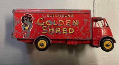 Playworn Dinky Guy van Robertson’s Golden Shred, damage to paintwork and side transfer