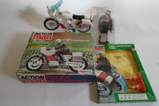 Action Man police motorcyclist and opened police motorcyclist outfit box (police signs still in