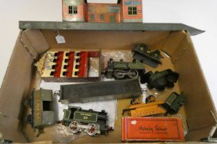 Bing tinplate station building, one chimney stack missing, Hornby 20 volt Southern railway, 0-4-0