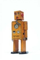 Kosugi KT Toys pre-war Lilliput clockwork walking Robot, tin printed orange body, some minor signs