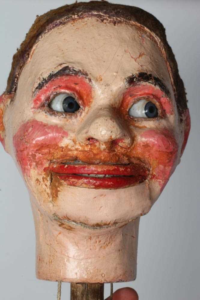 A ventriloquist dummy, circa 1930s, the papier mache head with blue glass eyes with sideways - Image 6 of 7