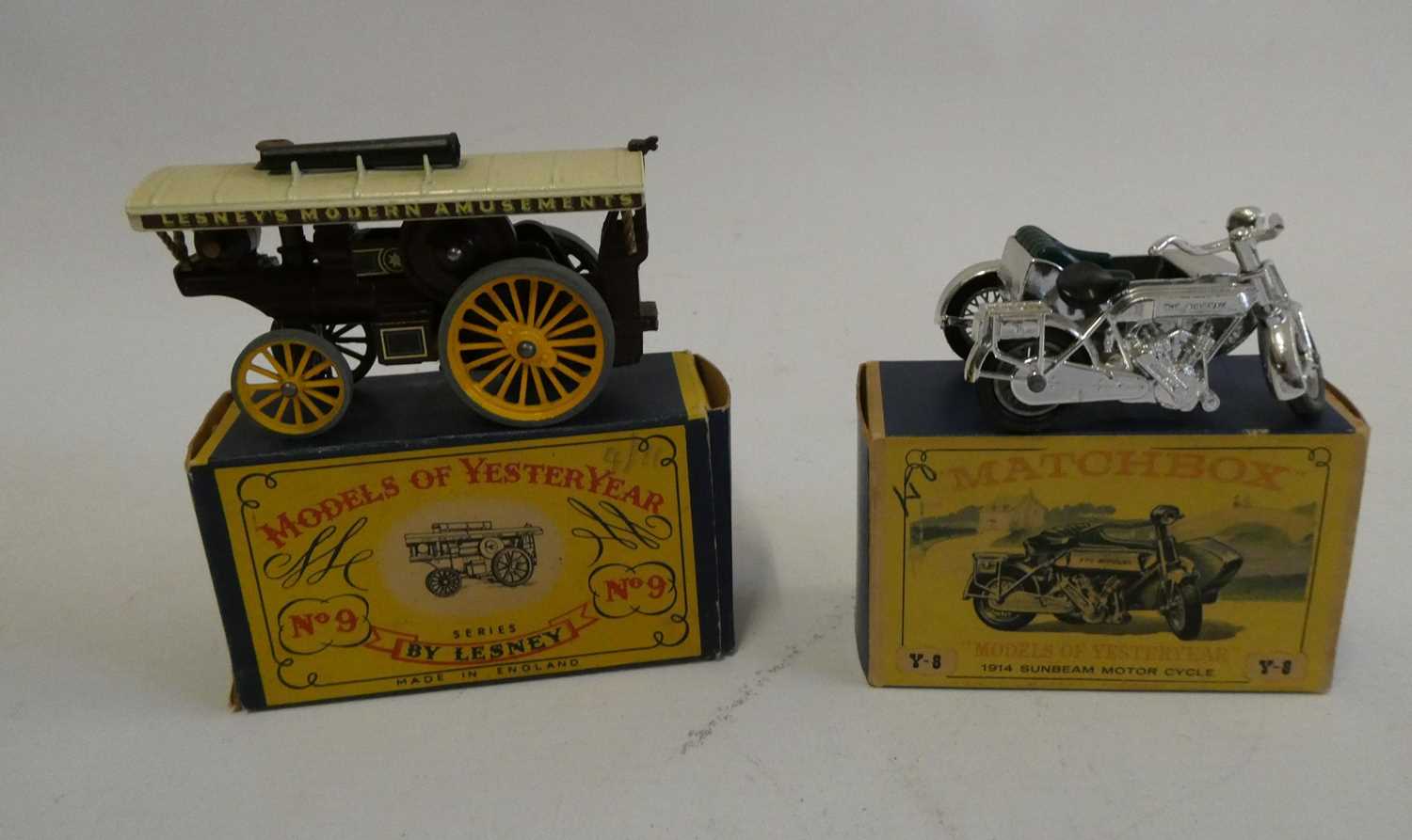 Models of Yesteryear Y-8 Sunbeam motorcycle in silver, boxed, good to excellent and a No.9