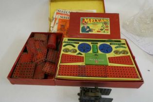 Playworn Meccano Construction Sets, 1950's, red and green parts Including instruction pamphlets