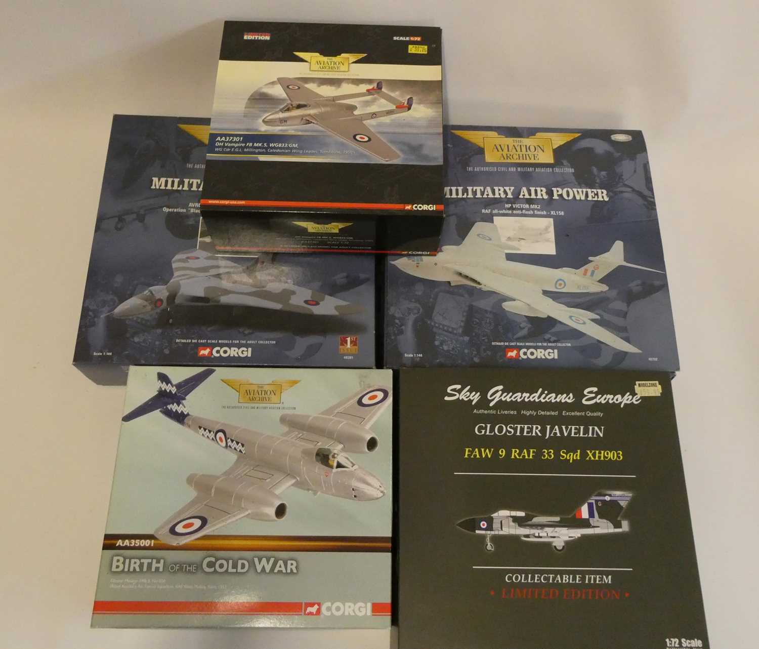 Corgi Aviation Archive DH Vampire, HP Victor MK2, AVRO Vulcan B2, Gloucester Meteor FMK 8 and
