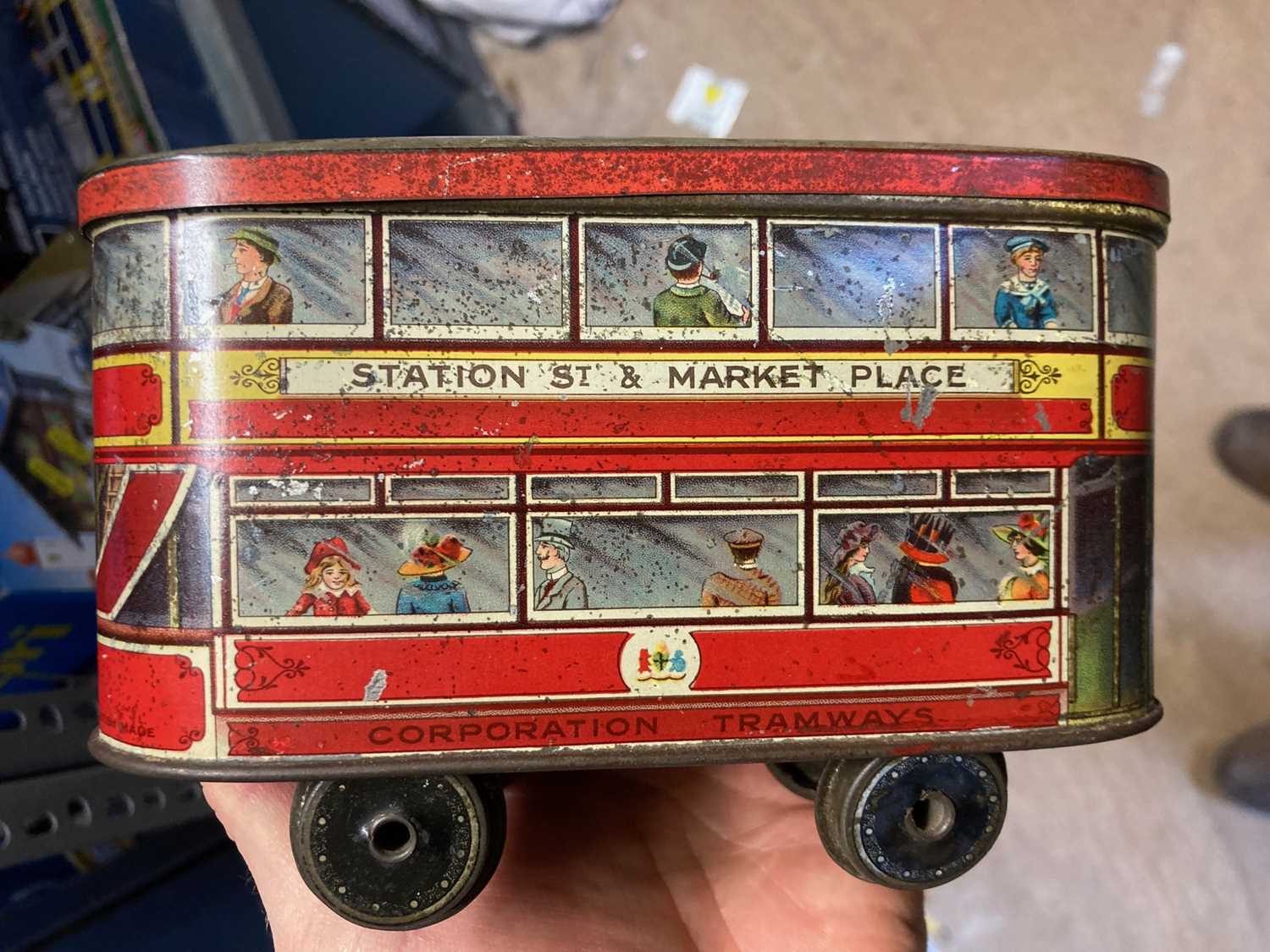 Tinplate biscuit tin tram and Gray Dunn’s biscuits bus, some rusting, paint damage fair and a - Image 5 of 6