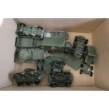 Ten unboxed Matchbox army vehicles including tank transporter, green truck, tank and ambulance,