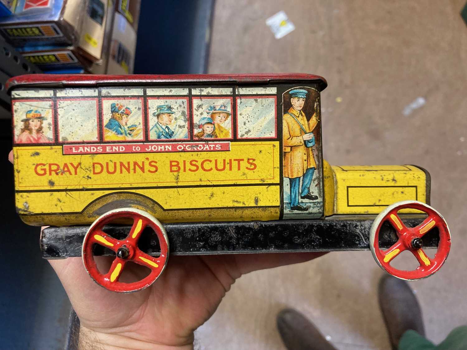 Tinplate biscuit tin tram and Gray Dunn’s biscuits bus, some rusting, paint damage fair and a - Image 2 of 6