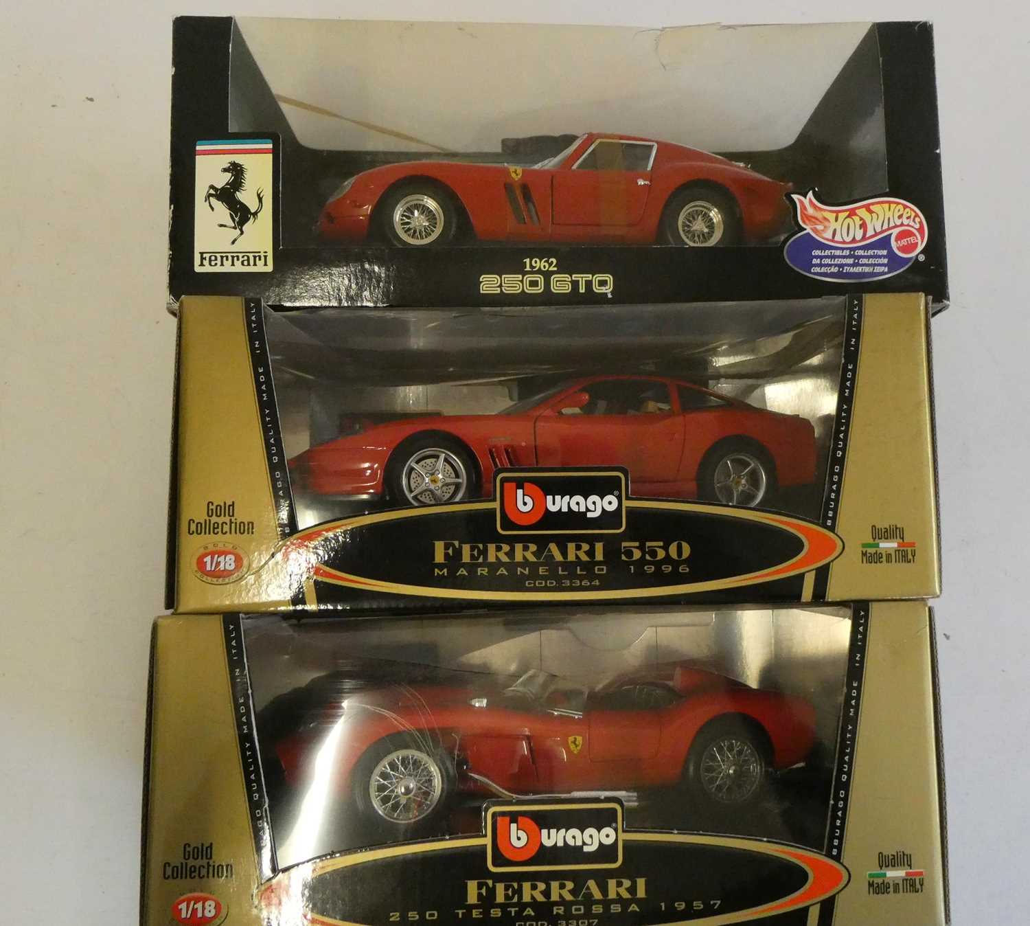 Large scale cars by Burago comprising Ferrari 550, Ferrari 250 GTO and Ferrari Testarossa, all items