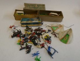 Mixed diecast figures, mostly Cowboys and Indians including covered weapons, Stagecoach, tents and a